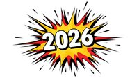 Comic book style explosion burst with 2026 year number in bold white letters on yellow and red starburst background with radiating black lines on transparent.