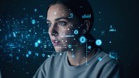 Young woman with digital data overlay and glowing blue interface elements representing artificial intelligence, machine learning and futuristic technology concepts.