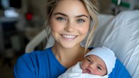 Young Caucasian mother in blue sweater holding newborn baby in hospital room. Tender moment between parent and child showing joy and maternal bonding.