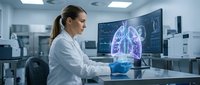 Female doctor analyzing lung scan on holographic display in modern medical laboratory for respiratory health diagnosis and treatment planning.