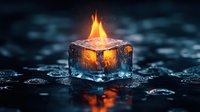 Glowing flame emerging from melting ice cube creates dramatic contrast between fire and ice elements against dark background with water droplets.