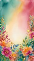 Watercolor floral frame with vibrant pink, orange, and teal flowers, golden leaves, and stars on gradient background. Isolated design for invitations, greeting cards, and social media graphics.