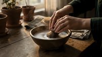 Hands mixing flour in wooden bowl on rustic kitchen table with warm natural lighting for baking and cooking preparation.