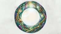 Enchanted forest circular frame with glowing lanterns, magical path, and lush foliage, forming a round border with empty center for text.