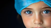 Young patient wearing blue surgical cap looks directly at camera with bright blue eyes against dark background, conveying healthcare and medical concepts.
