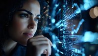 Young Hispanic woman developer analyzing digital code projection in dark room with blue technology interface and data visualization elements.
