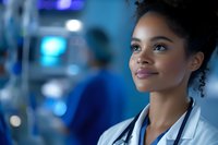 Young African American female doctor with stethoscope looking up thoughtfully in modern medical facility with blue lighting for healthcare concepts.