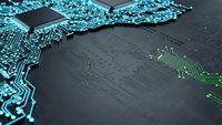 Advanced circuit board with microchips and electronic pathways in blue and green colors on dark background for technology and computing projects.