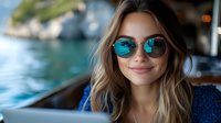 Young Caucasian woman wearing round sunglasses with blue reflection, smiling while enjoying boat trip along coastal waters, long blonde wavy hair, natural makeup, navy blue top.