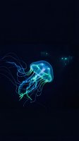 Luminous jellyfish floating in deep ocean waters with glowing tentacles and bioluminescent marine life in dark blue underwater environment.