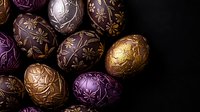 Luxurious chocolate truffles with ornate floral patterns in purple and gold metallic wrapping on dark background, elegant confectionery composition for gourmet dessert marketing.