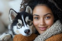 Young African American woman with natural curly hair embracing Siberian Husky dog, both looking at camera with warm smiles, wearing cozy winter sweaters.