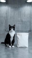 Black and white tuxedo cat sitting beside a blank white bag mockup on concrete floor in modern interior with soft lighting.