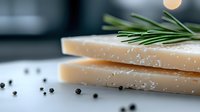 Fresh parmesan cheese slices with rosemary sprig and scattered black peppercorns on white surface, macro food photography with selective focus.