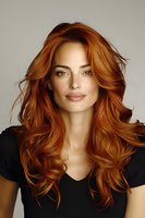 Young Caucasian woman with flowing copper red hair wearing black v-neck top. Natural makeup, confident smile and wavy hairstyle against neutral background for beauty and fashion.