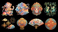 Colorful Asian-inspired decorative elements collection featuring playful monkey, octopus, ornamental masks, bamboo, lanterns, fans, and circular medallions. Isolated on transparent background, ready for t-shirts, clipart, stickers, sublimation, and print-on-demand designs.