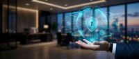 Businessman holding digital security hologram with padlock and network icons in modern office at sunset, representing cybersecurity and data protection.