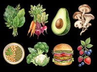 Watercolor healthy food set with vegetables, burger, berries, and mushrooms, isolated on transparent background, ready for stickers, clipart, and print on demand.