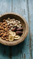 Wooden bowl filled with mixed nuts, almonds, pistachios, dates and banana slices on rustic blue wooden background for healthy snacking and nutrition.