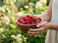 Fresh raspberries in woven basket held by woman in garden setting, perfect for food, agriculture, harvest, and organic produce marketing materials.