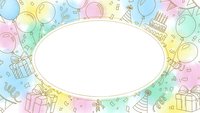Pastel birthday party frame with balloons, gifts and celebration elements on colorful background. Blank oval space for text or design customization.