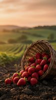 Fresh ripe strawberries spilling from wicker basket on farmland soil during golden hour sunset with rolling hills and agricultural fields in background.