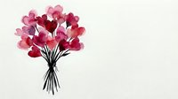 Bouquet of pink and red heart-shaped flowers tied with black ribbon on white background, isolated design element for Valentine's Day cards, wedding invitations, and romantic greeting projects.