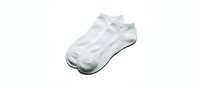 Pair of white ankle socks isolated on light background, casual everyday cotton footwear for sports and comfort wear.
