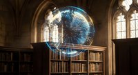 Futuristic holographic portal with blue energy rings floating in medieval library with ancient books and gothic arched windows for sci-fi fantasy concepts.