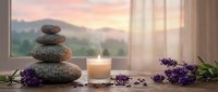 Zen spa stones balanced with lavender flowers and candle on wooden surface near window with mountain sunset view creating peaceful meditation atmosphere.