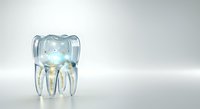 Transparent tooth model with root structure isolated on white background, suitable for dental education, healthcare marketing, and medical presentations.