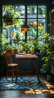 Cozy home office corner with wooden furniture, hanging lamp and potted plants by window. Natural sunlight creates warm atmosphere on patterned rug.