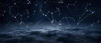 Starry night sky with constellation patterns above fluffy clouds, celestial astronomy scene for astrology and space exploration themes.