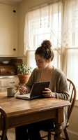 Young woman writing in journal at wooden kitchen table with warm morning light streaming through lace curtains creating cozy domestic atmosphere.