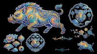Ornate Chinese zodiac boar set with decorative elements, isolated on transparent background. Great for stickers, T-shirt design, print on demand, and sublimation crafts.