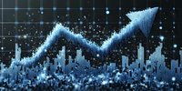 Digital blue arrow pointing upward over city skyline with glowing data points and grid background representing business growth and urban development analytics.