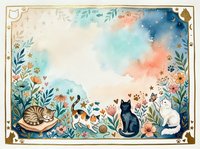 Watercolor cats and flowers frame with copy space, featuring sleeping tabby, black and white cats among floral garden with stars and paw prints.