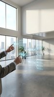 Businessman using holographic interface technology in modern office with city view for digital transformation and futuristic business solutions.