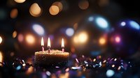 Glowing birthday candles on chocolate cupcake with festive bokeh lights and sparkly decorations creating magical celebration atmosphere. Perfect for party designs.
