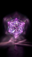 Glowing neon geometric cube with luminous purple and pink energy particles floating against dark background for digital art and sci-fi design projects.