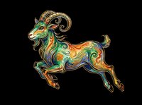 Ornamental goat with curved horns and decorative swirling patterns in gold, green, and blue tones, isolated on transparent background. Ready for t-shirt design, clipart, stickers, and print-on-demand products.