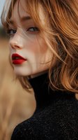 Close-up profile portrait of young Caucasian woman with auburn hair wearing black turtleneck sweater and bright red lipstick against warm autumn background.