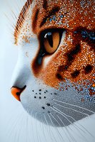 Close-up macro view of orange and white cat face with detailed dotted texture pattern showing eye, whiskers and nose in artistic stippled style.