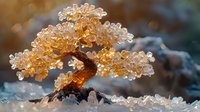 Delicate crystal bonsai tree sculpture with amber-colored trunk and translucent branches glowing in soft light against blurred winter background, artistic nature decor.