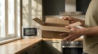 Man holding stack of cardboard delivery packages in modern home interior with natural sunlight streaming through windows for online shopping concept.