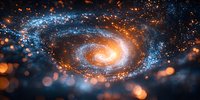 Spiral galaxy with glowing orange and blue cosmic dust swirling in deep space, creating mesmerizing celestial formation against starry background. Suitable for astronomy themes.