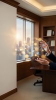 Business professional hands manipulating holographic network connections in modern office with city skyline view for digital transformation concepts.