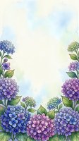 Watercolor hydrangea flowers frame with empty center space for text on soft pastel background for spring wedding invitations and greeting cards.