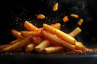 Crispy golden french fries with seasoning powder falling in motion against dark background, dramatic food photography with flying potato pieces and spices.