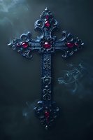 Ornate gothic cross with red gemstones on dark smoky background for religious and spiritual design projects.